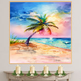 Watercolor Painting of a Multicolored Palm Tree on a Tropical Beach with Ocean Waves and Vibrant Sunset Sky on Ready to Hang 1.5" Thick Canvas Wrap, Floating Framed Canvas, Flat Rolled Canvas